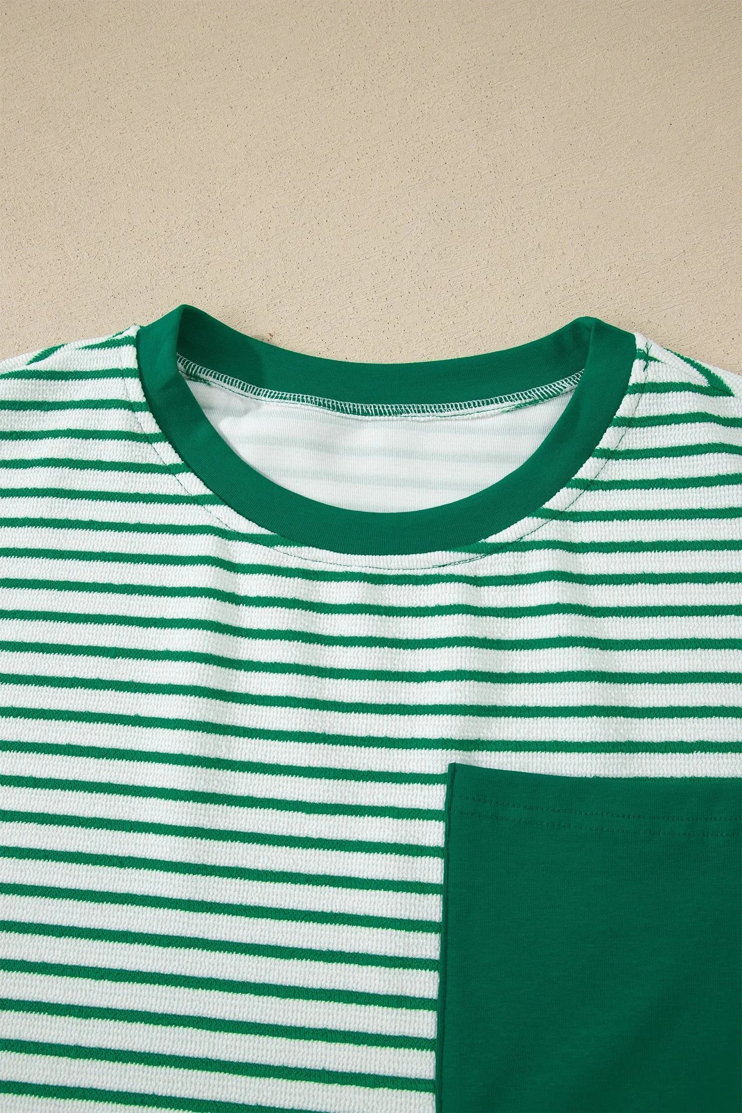 image-Khaki Stripe Crew Neck Tee Drawstring Waist Cropped Pants Set