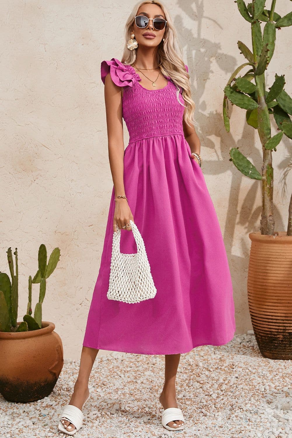 image-Rose Red Maxi Dress - Ruffled Straps, Smocked Ruched, Sizes S-XL
