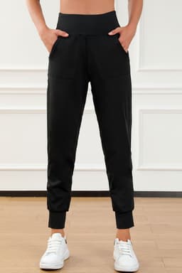 image-Black High Waist Joggers with Exposed Seam & Pockets
