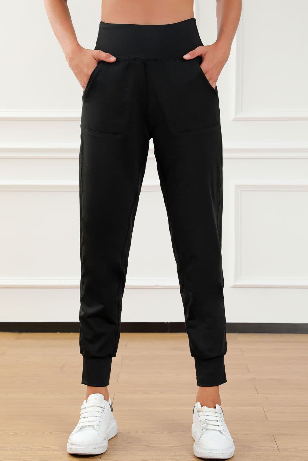 image-Black High Waist Joggers with Exposed Seam & Pockets
