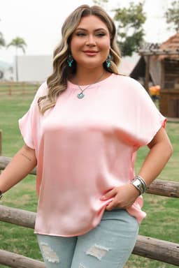 image-Pink Metallic Gloss Short Batwing Sleeve Plus Size Top