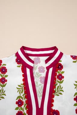 image-White Floral Blouse - Short Puff Sleeve Contrast