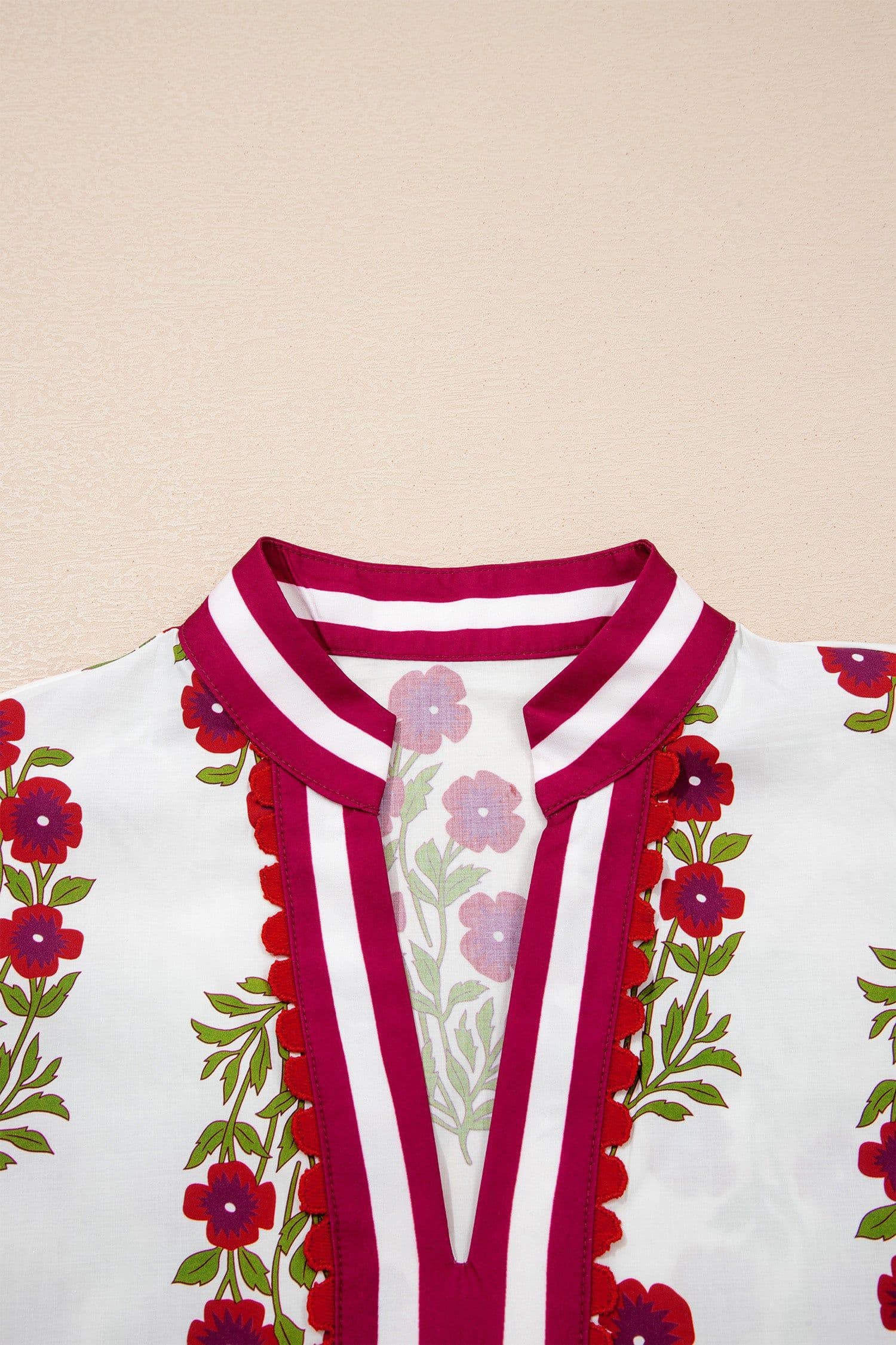 image-White Floral Blouse - Short Puff Sleeve Contrast