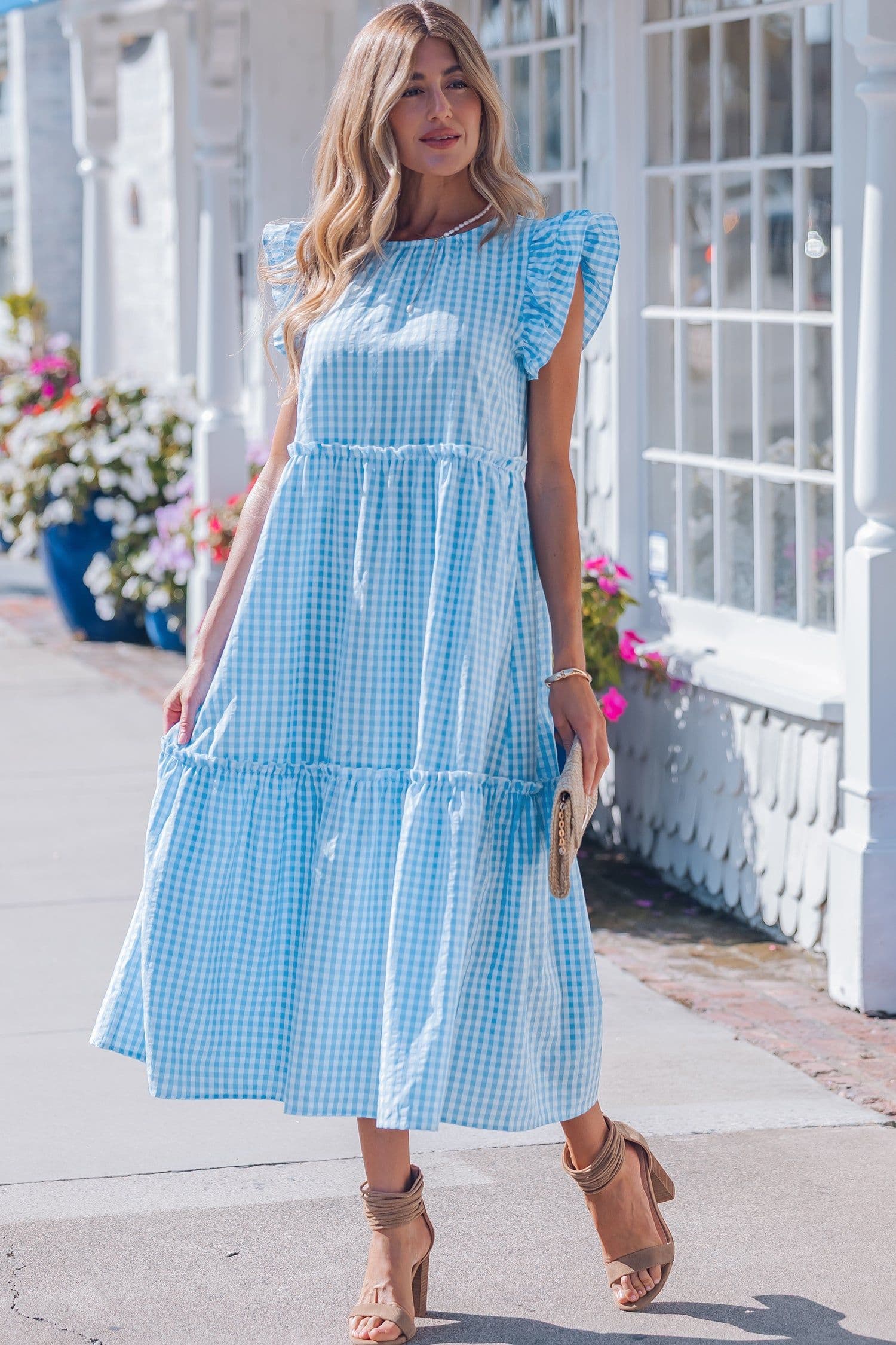 image-Sky Blue Gingham Maxi Dress - Ruffled Short Sleeve