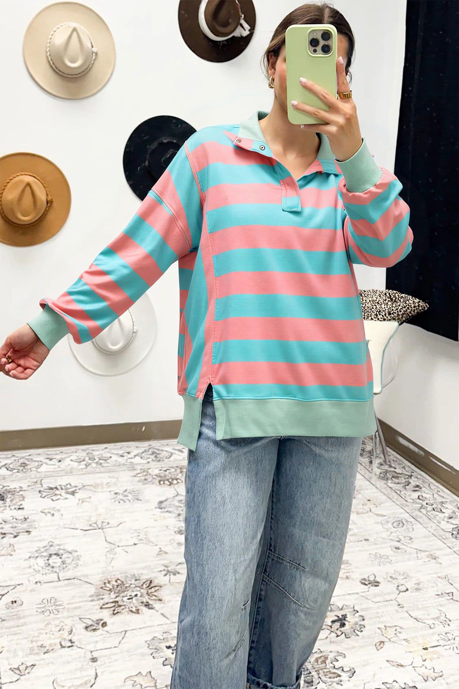 image-Pink Stripe Colorblock Drop Shoulder Pullover Top