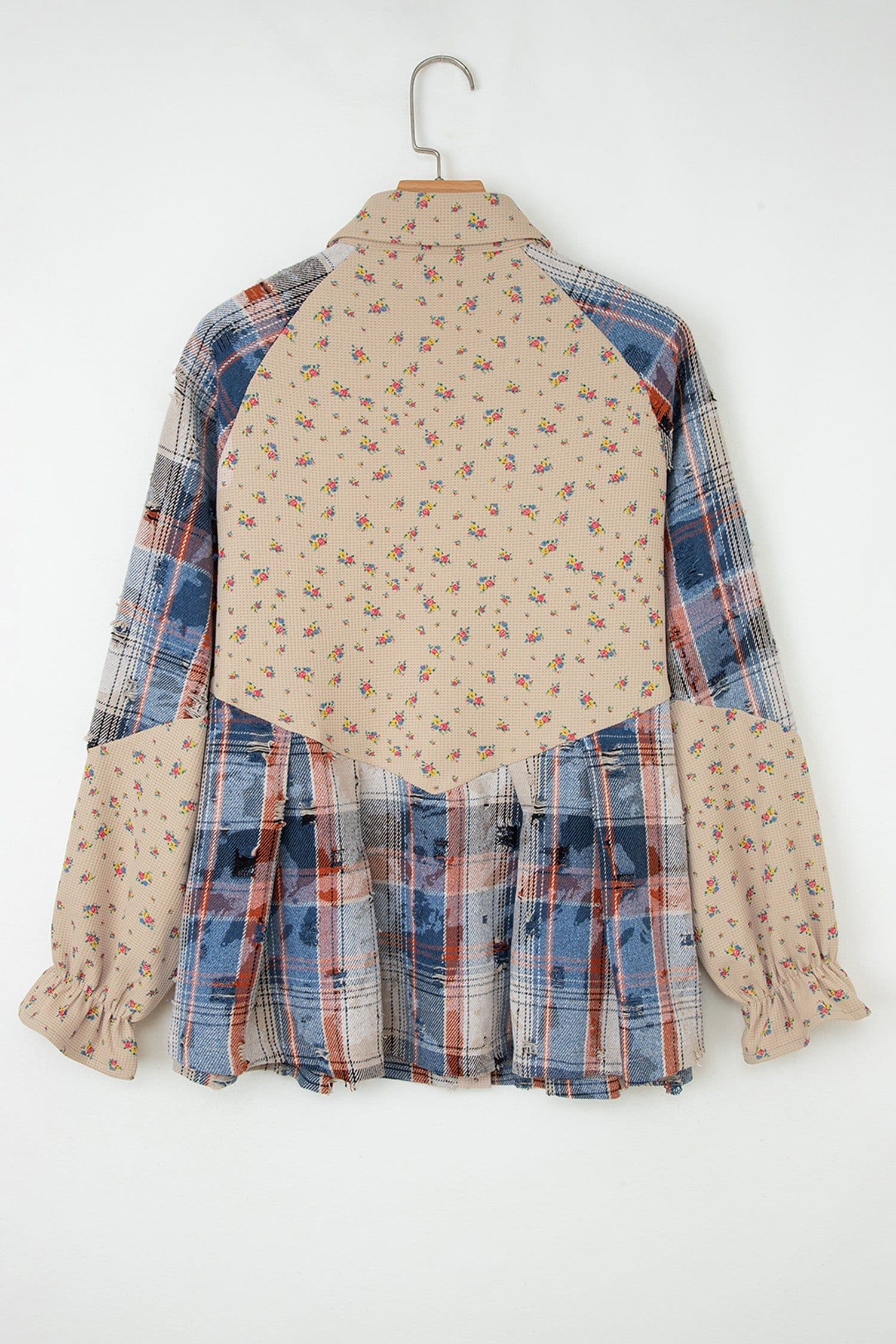 image-Mist Green Boho Floral Plaid Patchwork Distressed Detail Ruffled Sleeve Waffle Knit Shacket