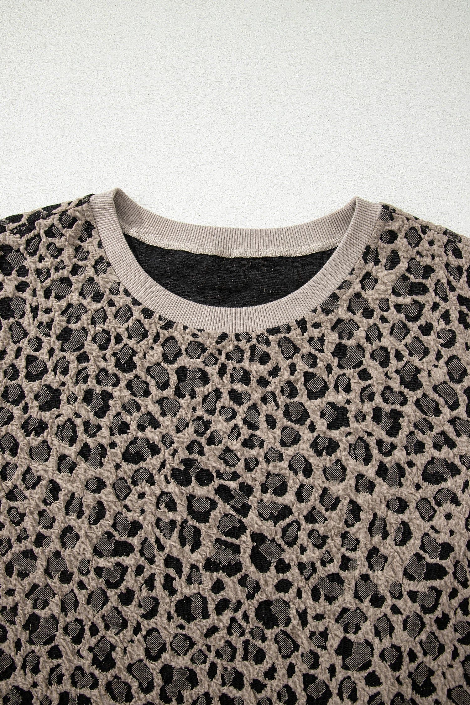 image-Khaki Leopard Print Textured Plus Size T Shirt