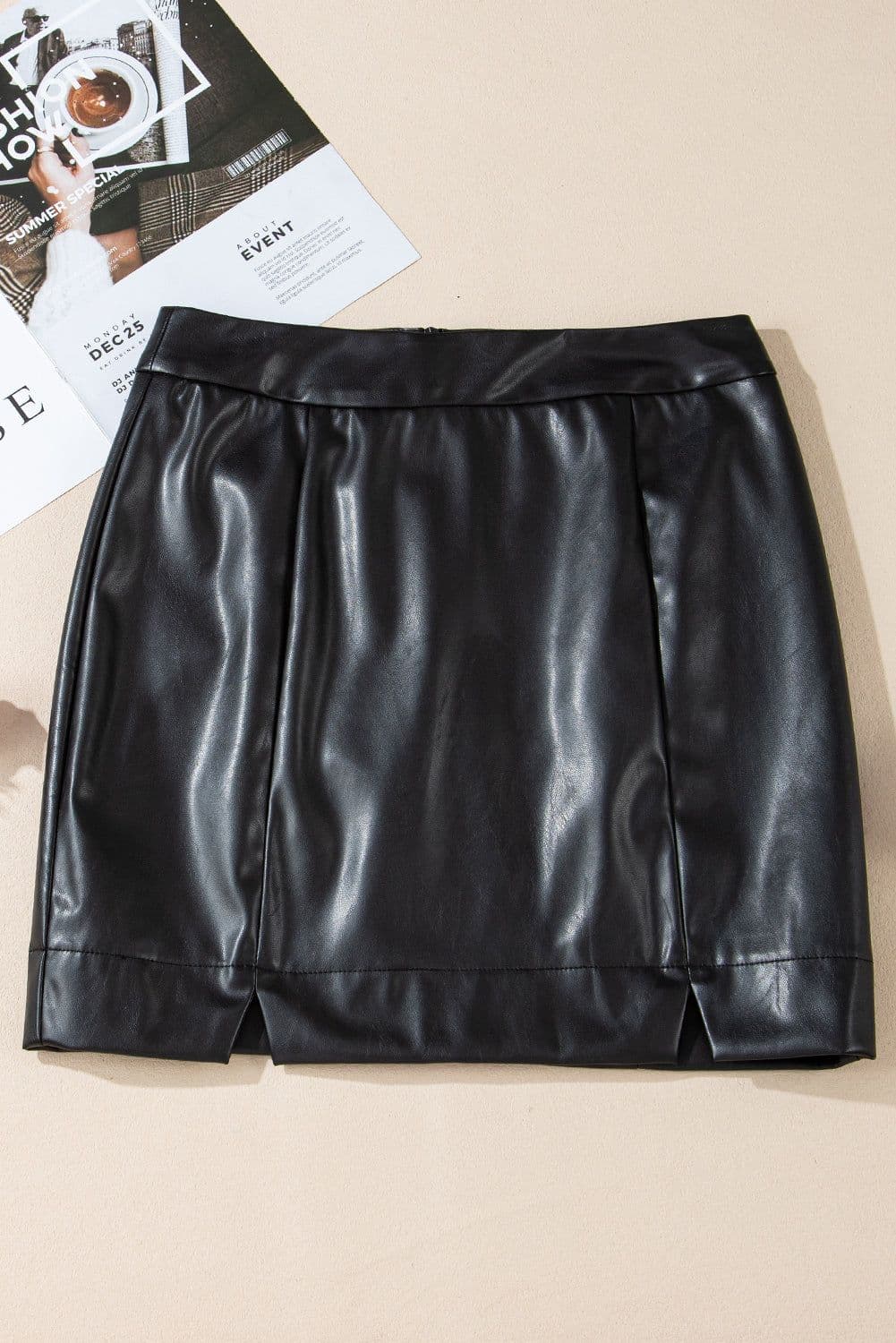 image-Black PU Leather Mini Skirt - High Waist Side Slits