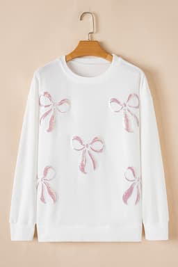 image-Bow Valentine Drop Shoulder Loose Beige Sweatshirt