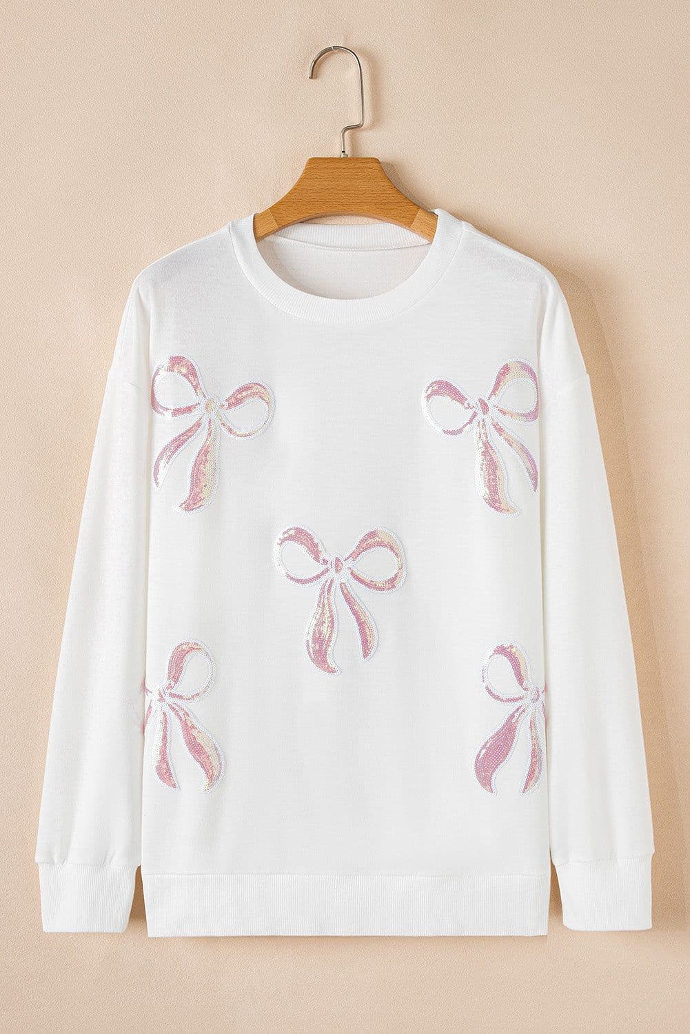 image-Bow Valentine Drop Shoulder Loose Beige Sweatshirt