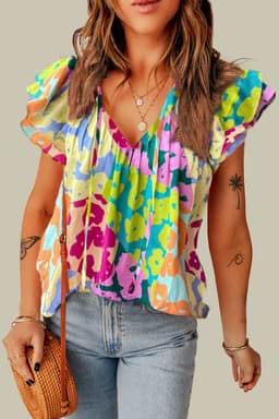 image-Leopard Flutter Sleeve V Neck Crinkled Blouse - Multicolour