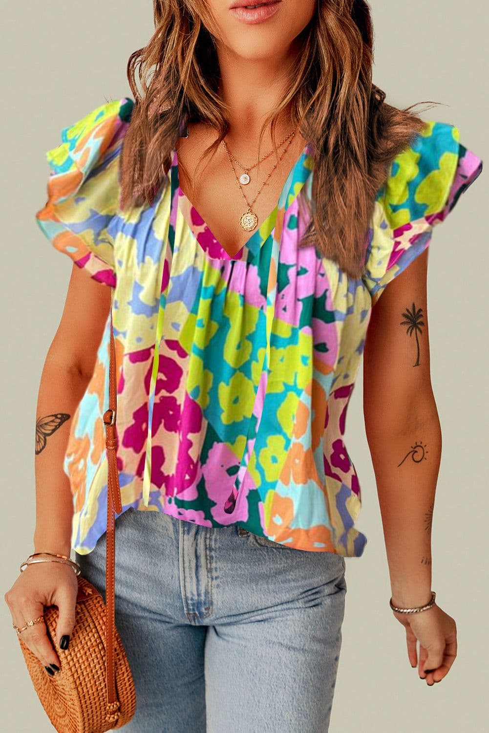 image-Leopard Flutter Sleeve V Neck Crinkled Blouse - Multicolour