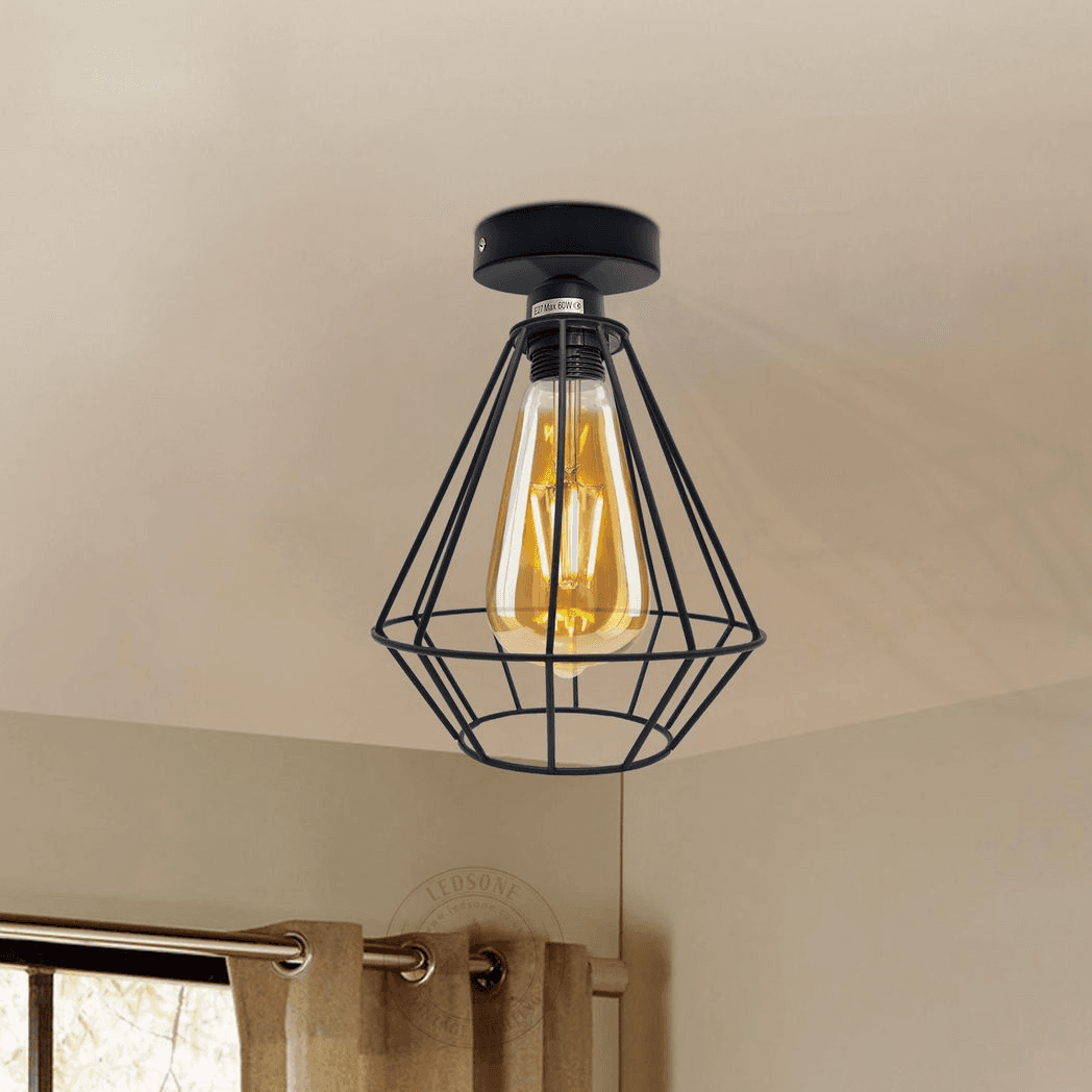 image-Vintage Wire Cage Ceiling Light Metal Round Ceiling Rose E27 Light Fitting 60W Lighting Bulb Holder