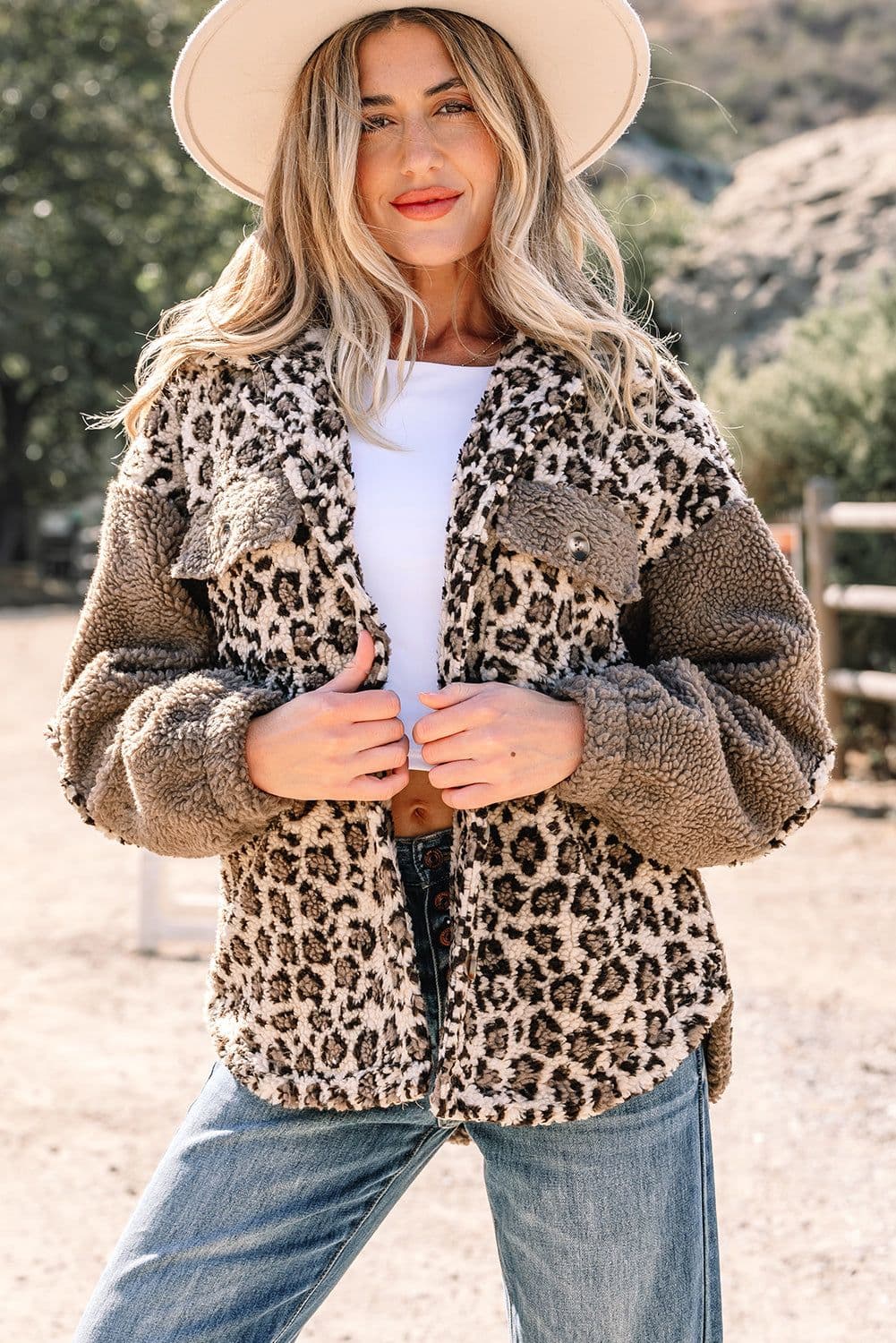 image-Brown Sherpa Leopard Print Jacket