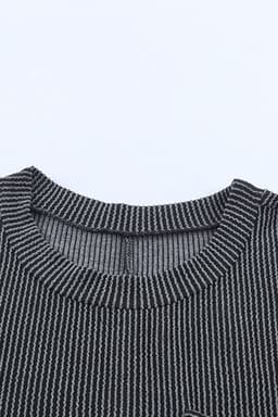 image-Blue Striped Ribbed Knit T-Shirt Shift Dress, Size Chart, Loose Fit, Fashionable Patch Pocket