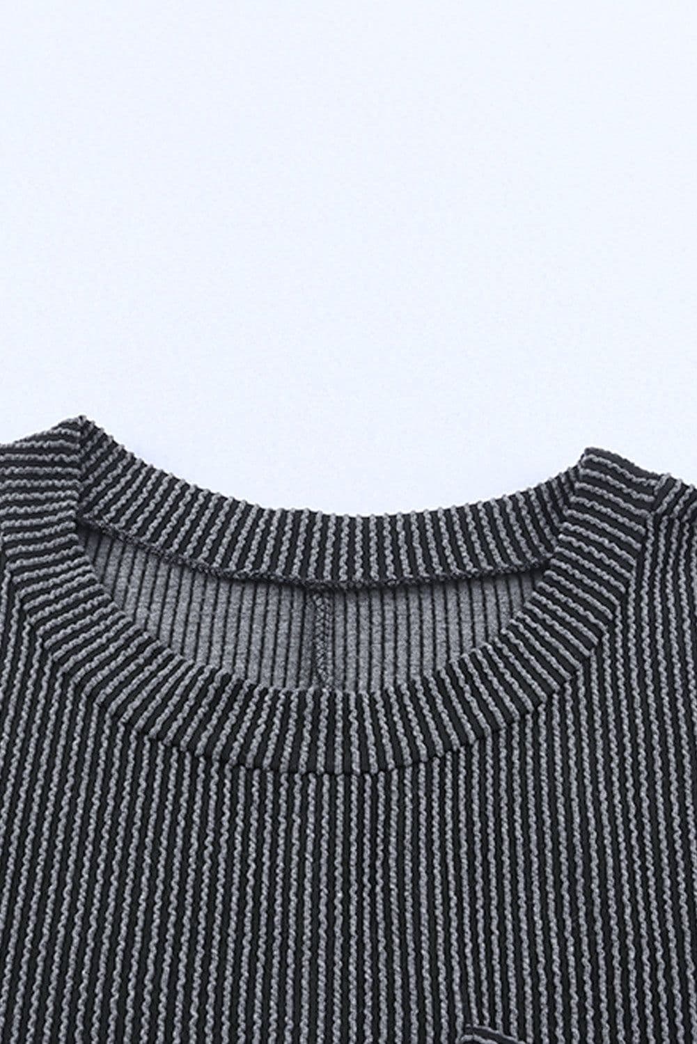 image-Blue Striped Ribbed Knit T-Shirt Shift Dress, Size Chart, Loose Fit, Fashionable Patch Pocket