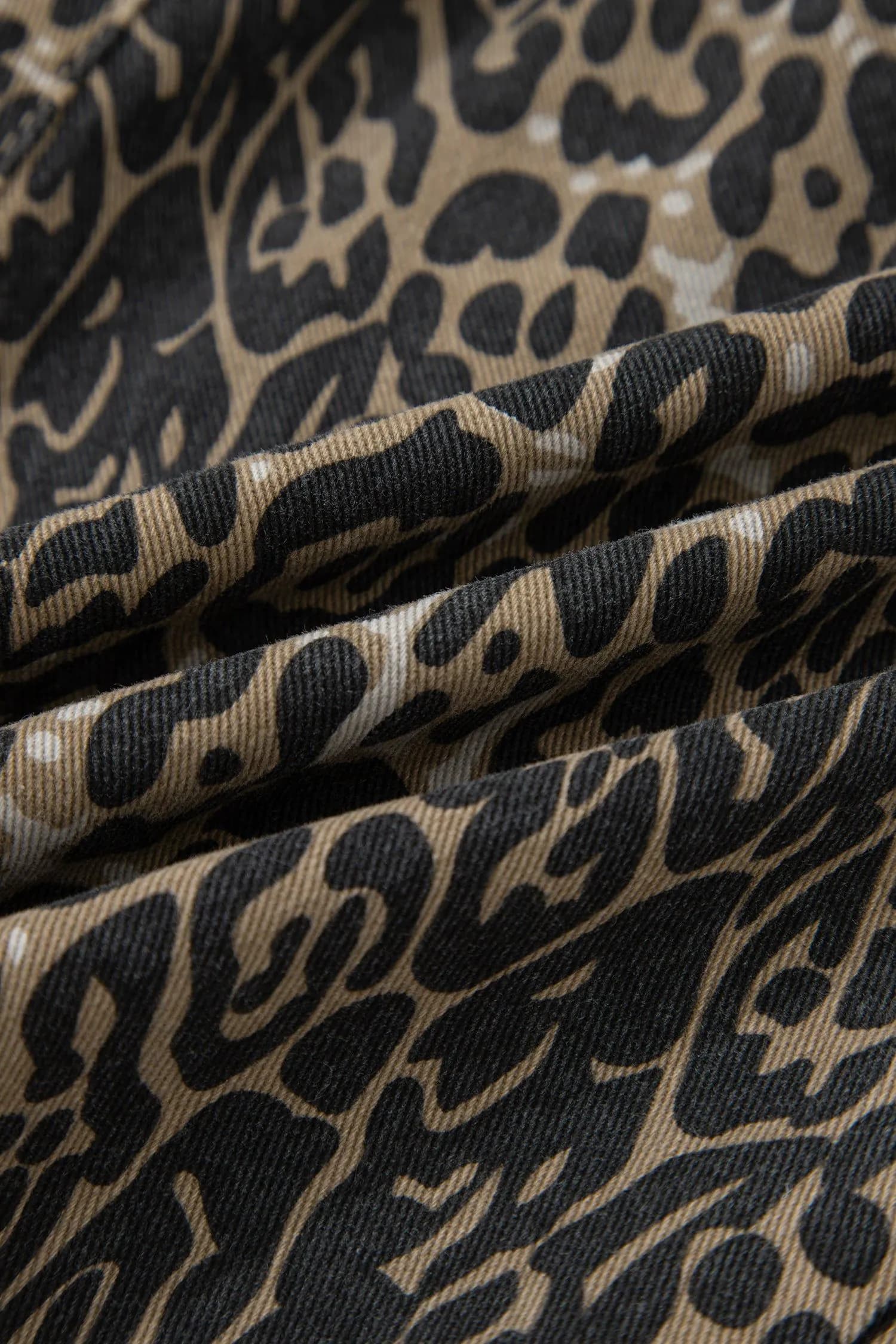 image-Khaki Contrast Scalloped Lace Trim Leopard Denim Shorts