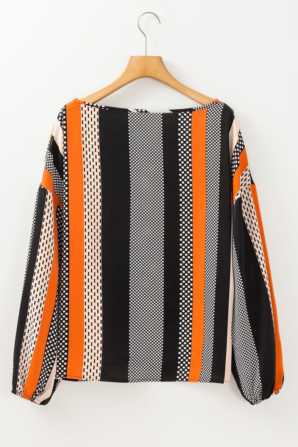 image-Orange Polka Dot Puff Sleeve Blouse - Stylish Vertical Stripes
