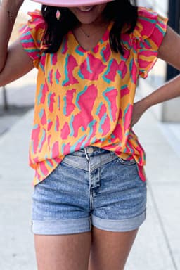 image-Abstract Print V-Neck Blouse - Orange Ruffled Sleeves