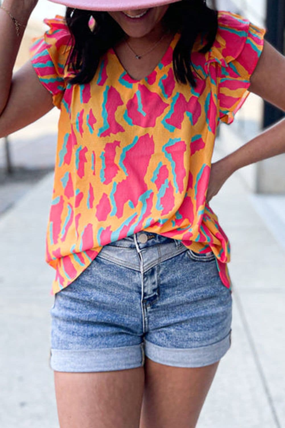 image-Abstract Print V-Neck Blouse - Orange Ruffled Sleeves