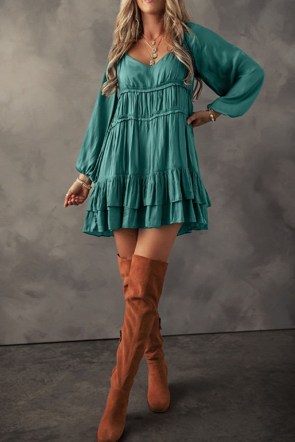 image-Mist Green Ruffled Puff Sleeve Mini Dress - Tiered Loose Fit