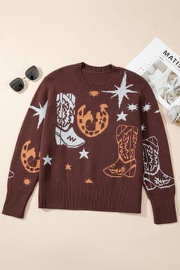 image-Brown Cowgirl Fashion Print Casual Sweater
