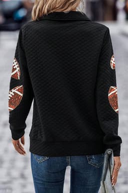 image-Sequin Rugby Sweatshirt - Quarter Zip, Textured Black with Football Patches