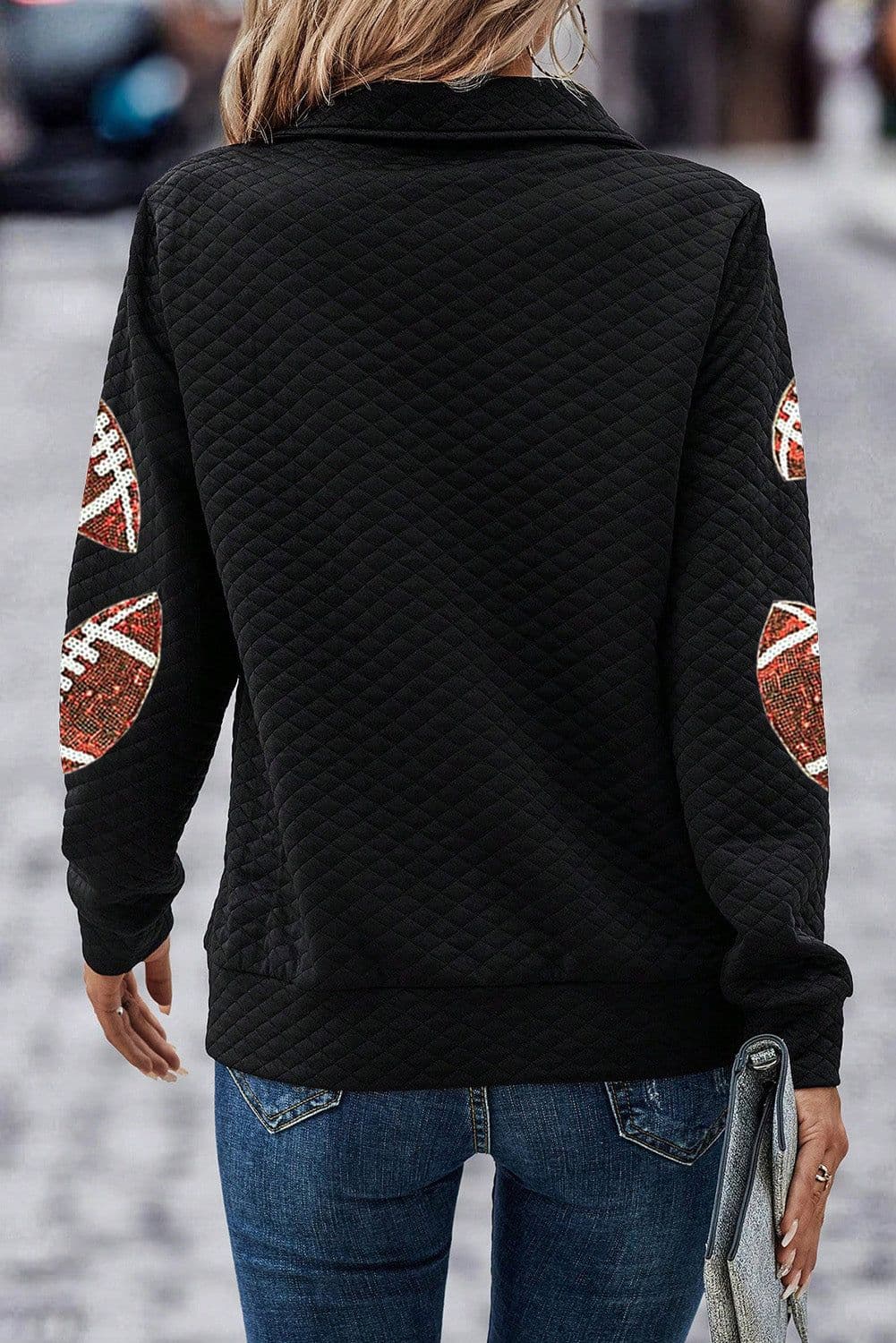 image-Sequin Rugby Sweatshirt - Quarter Zip, Textured Black with Football Patches