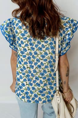 image-Sky Blue Tiered Flutter Sleeve Pleated Flower Blouse