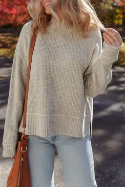 image-Gray Morn Waffle Knit High Neck Sweater - Drop Shoulder