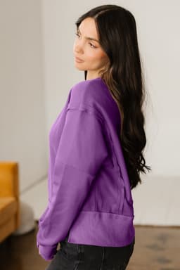 image-Orchid Mist Solid Color Raw Seam Patchwork Ribbed Drop Shoulder Sweatshirt