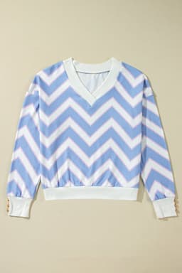 image-Sky Blue Zigzag Striped V Neck Oversized Top