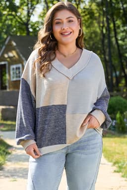 image-Plus Size Ashleigh Textured Colorblock Patchwork V Neck Top - Blue