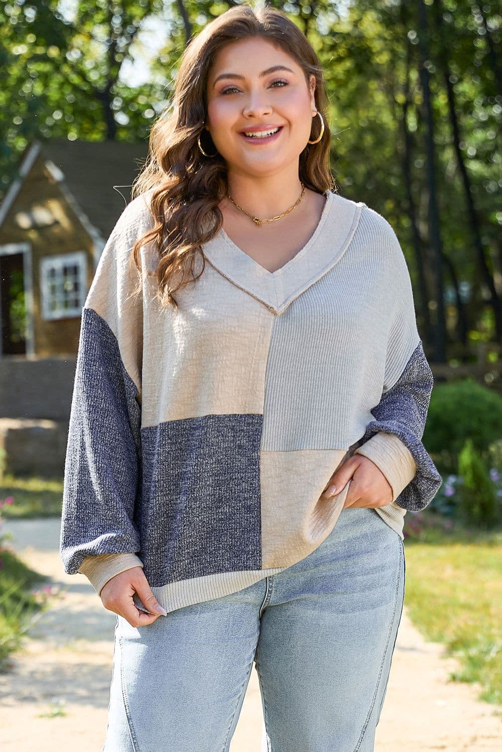 image-Plus Size Ashleigh Textured Colorblock Patchwork V Neck Top - Blue