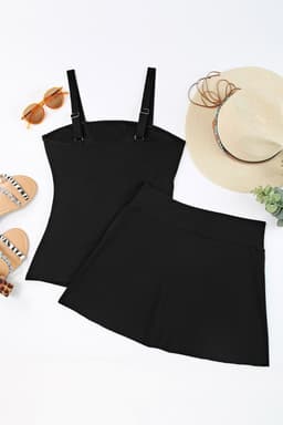 image-Black Solid Square Neck Sleeveless Tankini Swimsuit