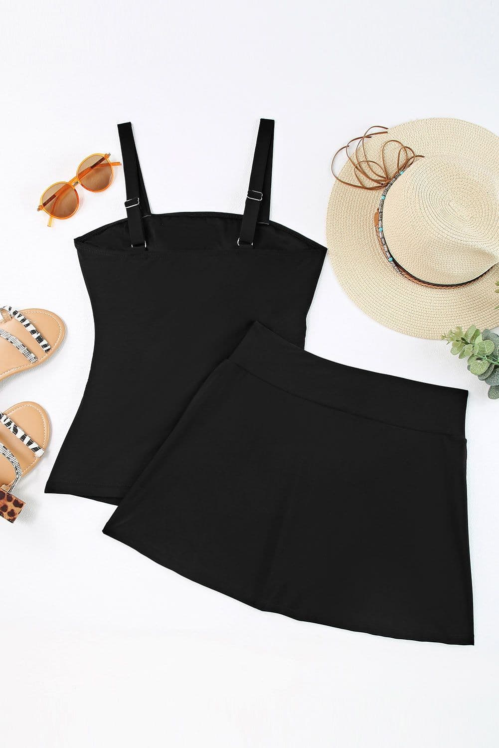 image-Black Solid Square Neck Sleeveless Tankini Swimsuit
