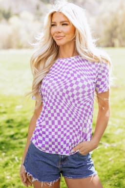 image-Khaki Checkered Print Mesh T Shirt