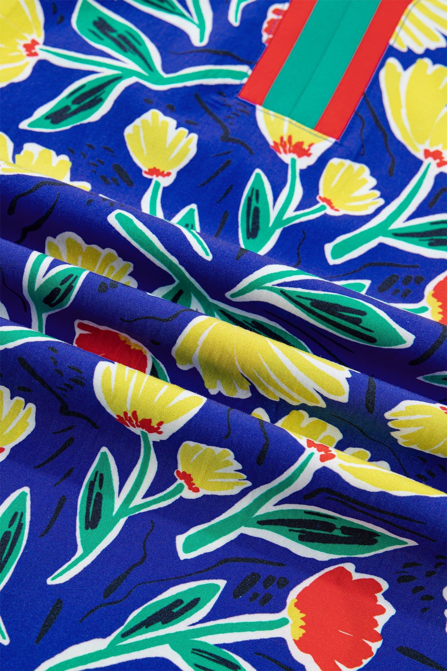 image-Blue Wild Floral Printed Contrast Striped Patchwork V Neck Short Sleeve Blouse