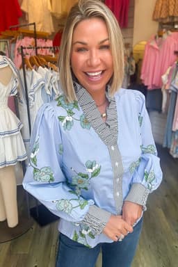 image-Sky Blue Floral Print Contrast Striped Trim Ruffled V Neck Fall Blouse