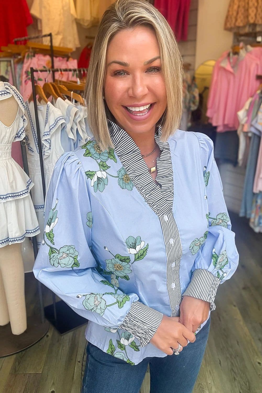 image-Sky Blue Floral Print Contrast Striped Trim Ruffled V Neck Fall Blouse