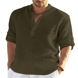 image-Men's Casual Cotton Linen Solid Color Long Sleeve Shirt Loose Stand Collar