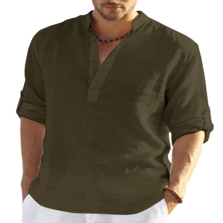 image-Men's Casual Cotton Linen Solid Color Long Sleeve Shirt Loose Stand Collar
