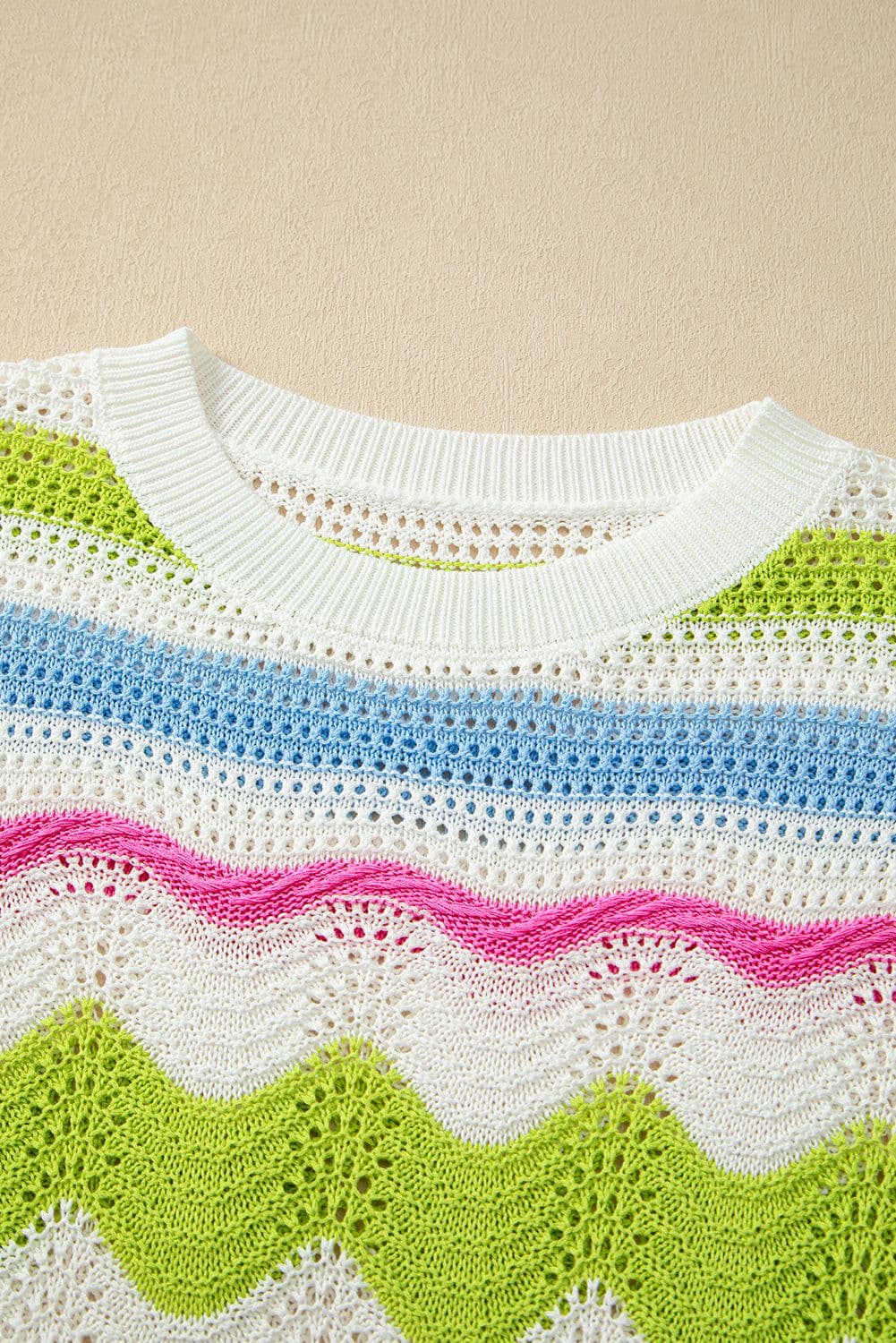 image-White Colorblock Crochet Knit Ruffled Short Sleeve Top