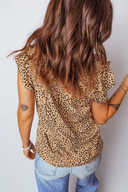 image-Apricot Cheeath Print Frilled V Neck Shirred Detail Short Sleeve Blouse