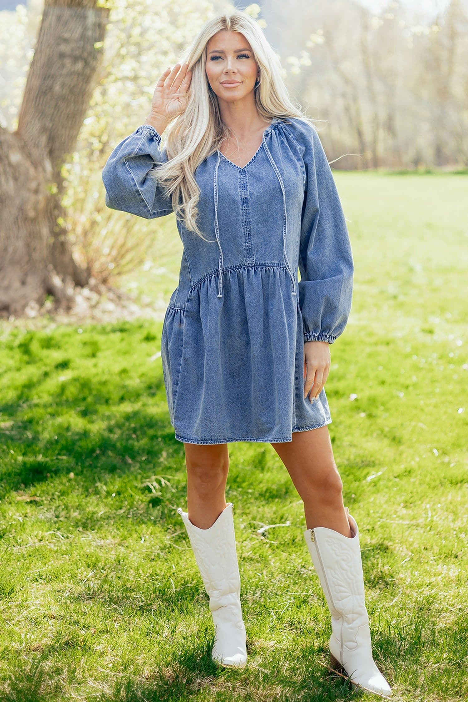 image-Myosotis Denim Mini Dress - Puff Sleeve V Neck