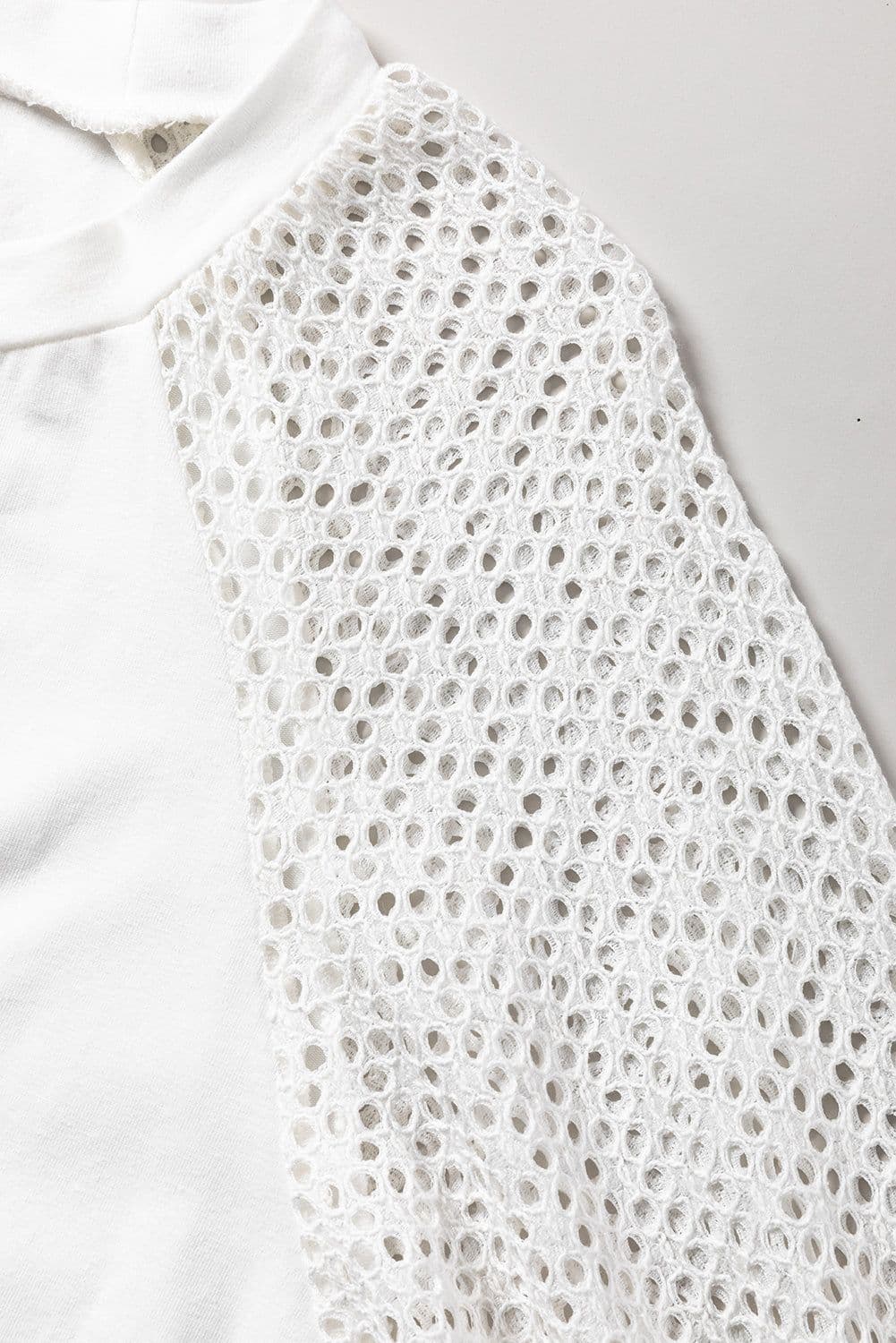 image-White Pointelle Lace Half Sleeve Crew Neck Tee