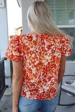 image-Floral Print Ruffled Short Puff Sleeve Split Neck Blouse - Orange (65 characters)