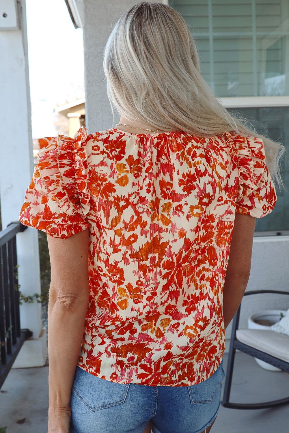 image-Floral Print Ruffled Short Puff Sleeve Split Neck Blouse - Orange (65 characters)