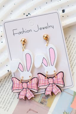 image-Pink Plaid Bow Bunny Drop Earrings