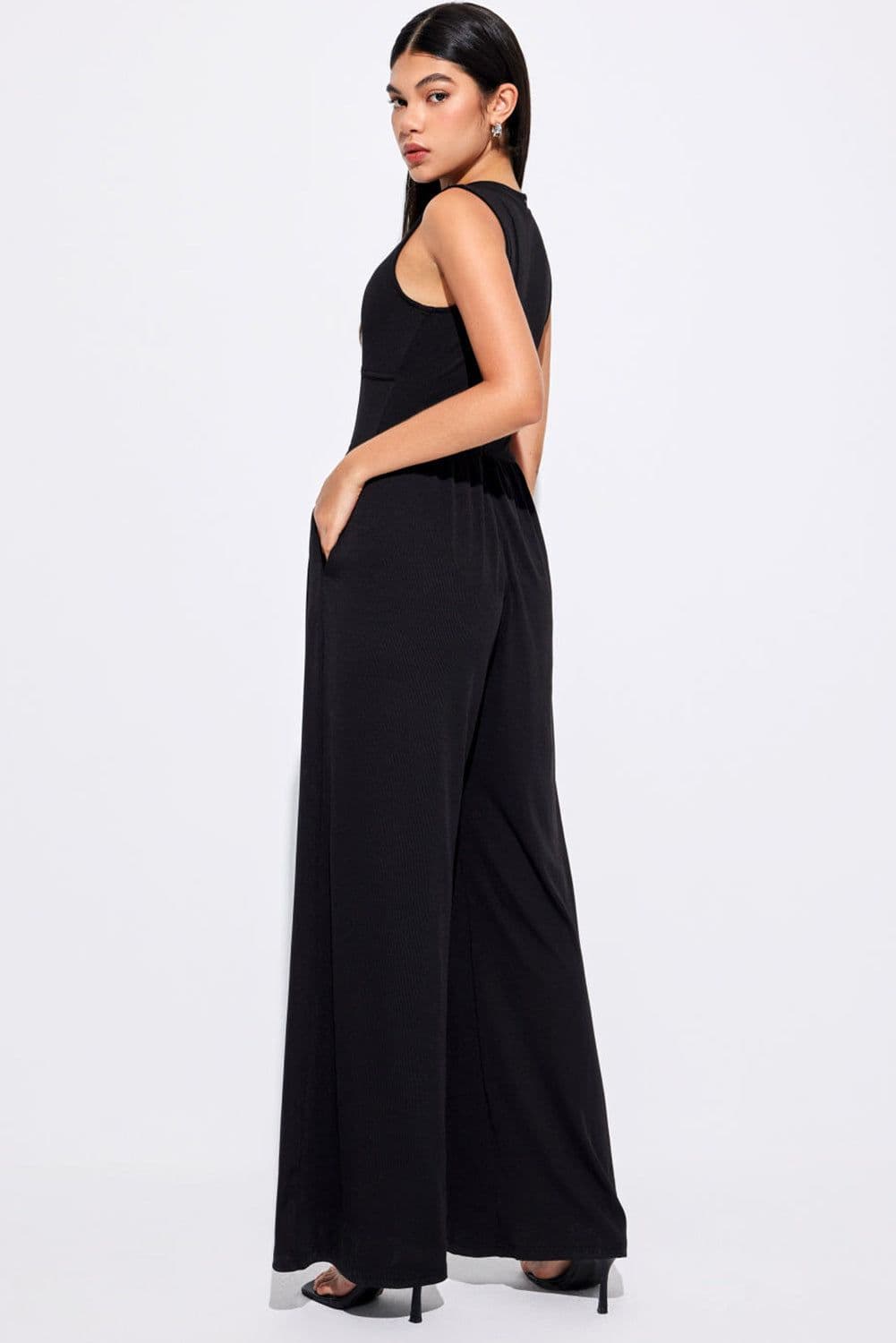 image-Black Cinched Waist Sleeveless Wide Leg Jumpsuit - Casual/Dressy